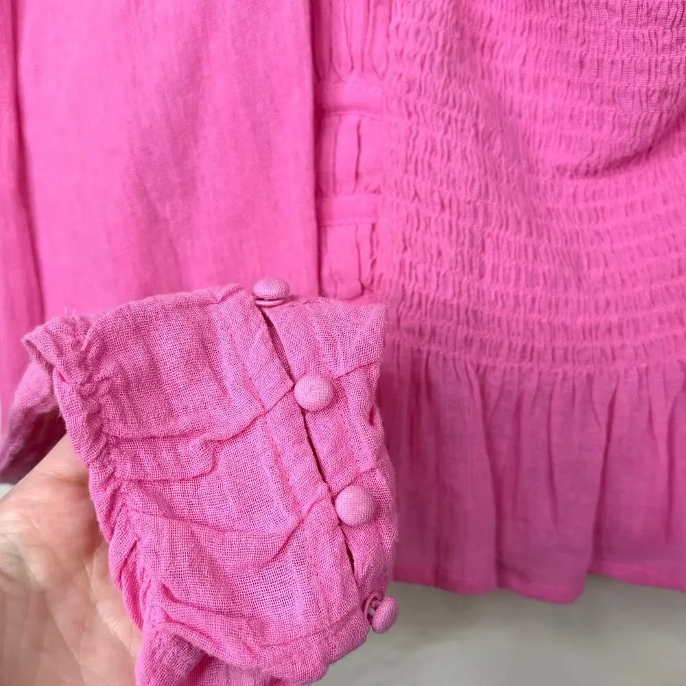 Free People Chloe Aurora Pink Smocked Peplum Sweetheart Bohemian Cropped Top